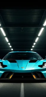 Blue sports car under LED lights wallpaper.