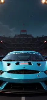 Sleek blue sports car in a stadium setting, with bright lights.