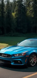 Sleek blue sports car on a scenic road in nature.