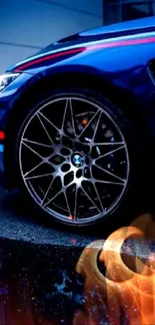 Close-up of a sleek blue sports car with stylish rims and bold design.