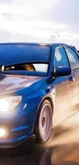 Blue sports car driving fast on a wet road.