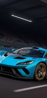 High-speed blue sports car on a race track at night.