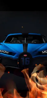 Blue sports car with flames wallpaper.