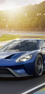 Sleek blue sports car on a sunlit racetrack.