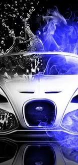 Dynamic sports car with blue flames and water effects.