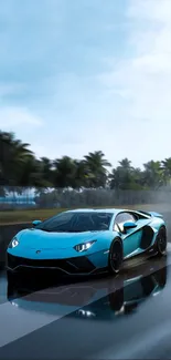 Blue sports car speeding on wet tropical road.