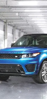 Blue SUV parked in a bright warehouse interior with sleek design.