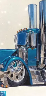 Artistic blue truck with chrome details on a mobile wallpaper.