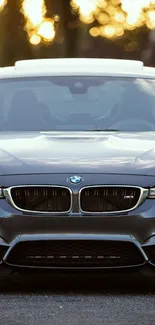 Front view of a sleek gray BMW car in focus.