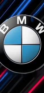 BMW logo with black and blue striped background.