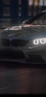 BMW sports car with illuminated headlights driving at night.