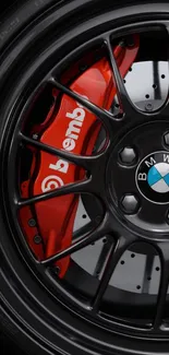 Close-up of a BMW wheel with Brembo brakes.