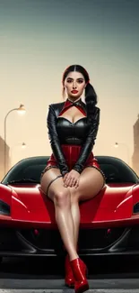 Woman in bold outfit seated on a red sports car in a city street.