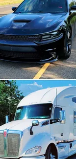 Black car and white truck on open road with clear blue sky.