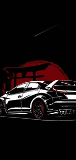 Sleek car art with red highlights on a black wallpaper background.