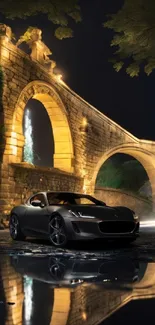 Sleek vehicle under a lit stone bridge with reflections on water.