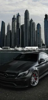 Sleek car with skyscraper city skyline background.