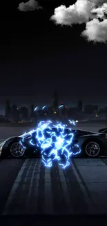 Sleek sports car under a city night sky.