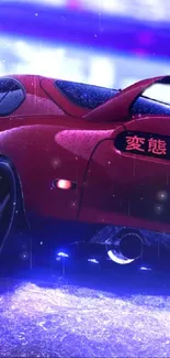 Red sports car with neon lights in urban night scene.