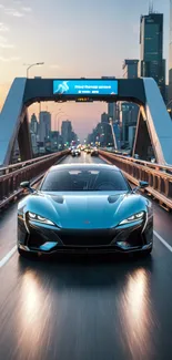 Sleek blue sports car driving on a city bridge.