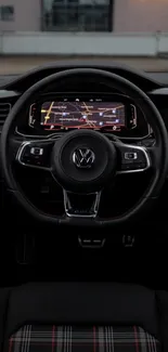 Sleek car dashboard with night view and illuminated steering wheel.