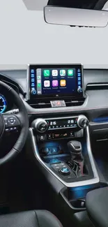 Modern car dashboard with digital display and advanced technology in gray tones.