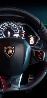 Luxury car steering wheel and dashboard view in a sleek design.