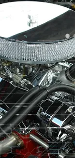 Highly detailed car engine with chrome and red accents.