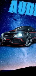 Audi car against galaxy night sky with blue glow.