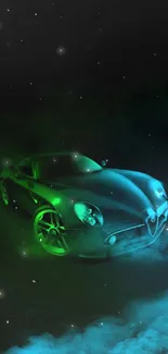 Neon green sports car with smoky background on mobile wallpaper.