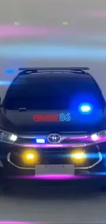 Sleek car with colorful LED headlights and light streaks on a dark background.