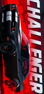 Illustration of a Challenger car with a bold red background.