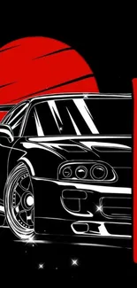 Sleek car drawing with red sun on black background wallpaper.