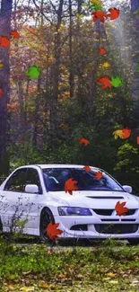 White car parked in an autumn forest with green foliage.