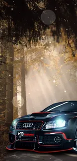 Black car parked in autumn forest with sun rays filtering through leaves.