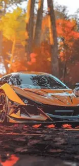 Sleek orange sportscar in a vibrant autumn forest setting.