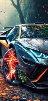 Sleek sports car in a vibrant autumn forest setting with colorful leaves.