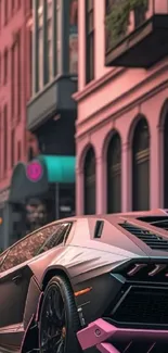 Sleek pink sports car in vibrant cityscape.