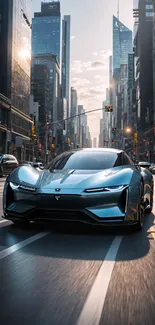 Futuristic car driving through a city street with tall buildings and a vibrant sky.