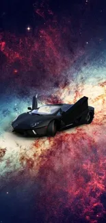 Sleek car against a cosmic galaxy backdrop, vibrant mobile wallpaper.