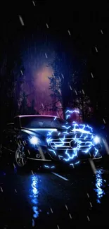 Sleek car in a dark forest with blue and purple light reflections.