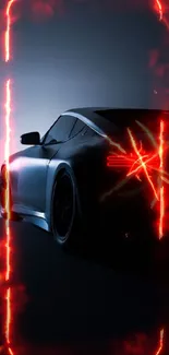 Sleek car in dark silhouette with glowing red tail lights.