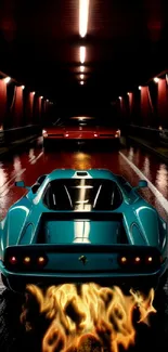 Fiery sports car racing through a dark tunnel.