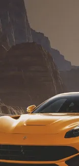 Yellow sports car in desert with dual suns and rocky background.