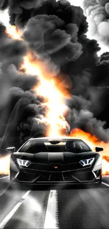 Black sports car with fiery explosion in the background.