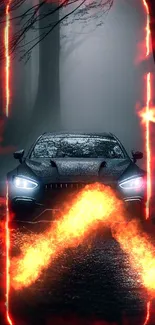 Sleek car with headlights in foggy forest setting, dark and mysterious.