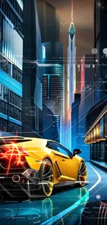 Sleek yellow sports car in futuristic city backdrop.