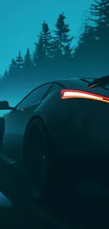 Sleek sports car driving through a misty forest at night.