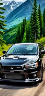 Black car driving through a scenic mountain landscape.