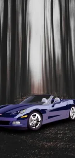 A sleek blue sports car against a mystical forest background.